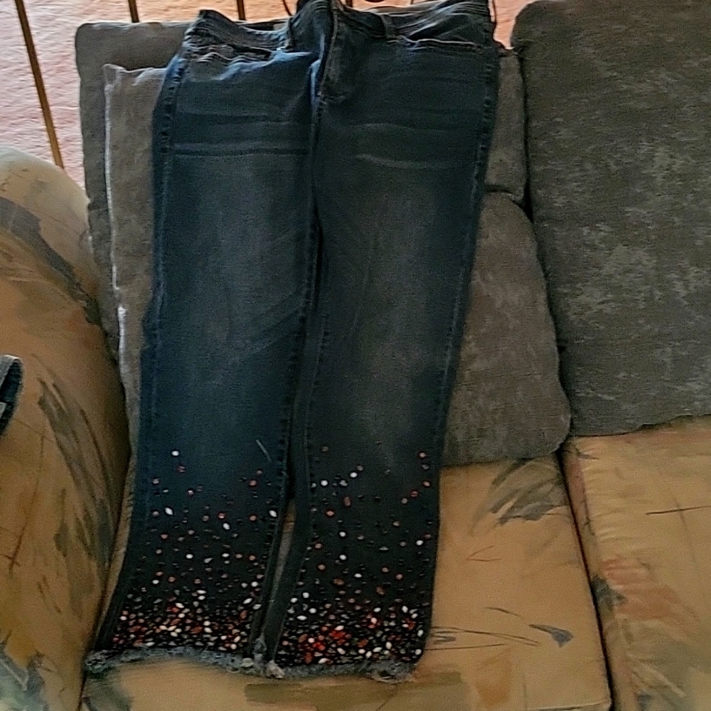 Anthropologie Dark Wash Boyfriend Jeans with Multicolor Hem Embellishment